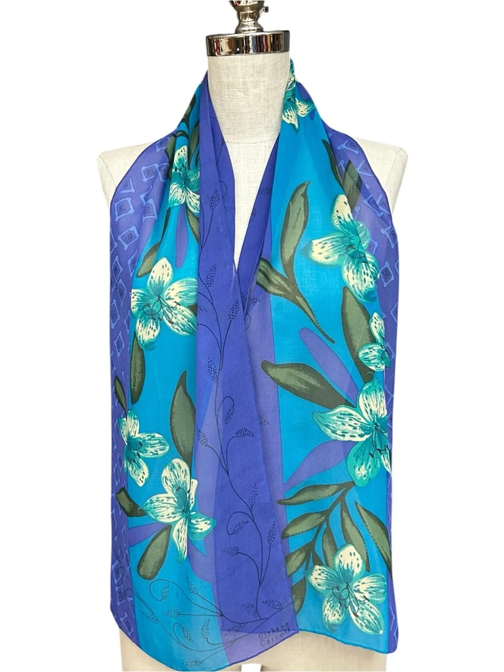Vintage Silk Floral Oblong Scarf Blue Purple Tropical Flower Sheer